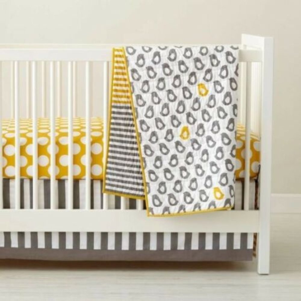 Land Of Nod Grey Yellow Crib Blanket Not a Peep Bedding Modern Quilt New